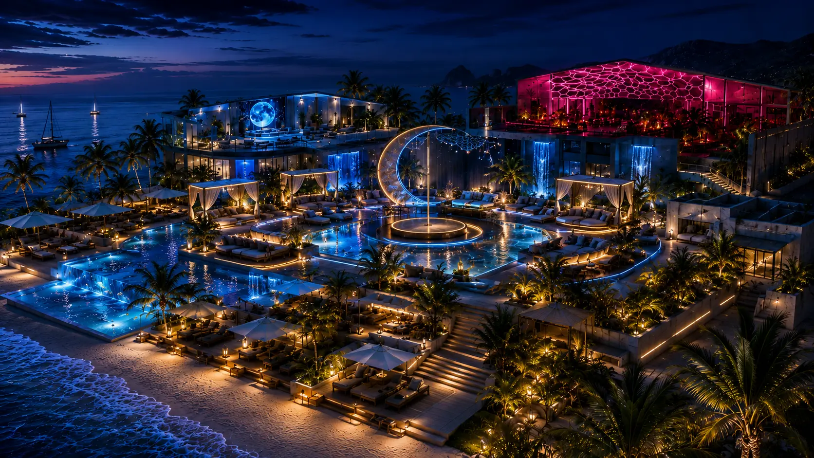 Aerial reference of the UMBRALIS night resort: pools, beach, moon wall and magenta club block