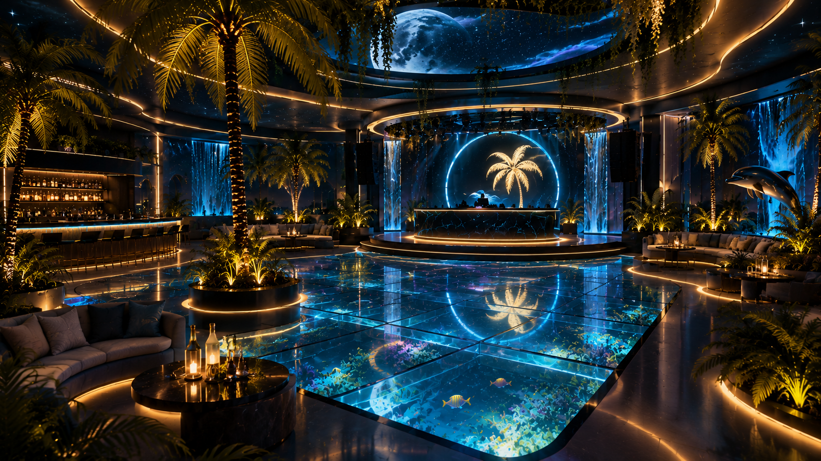 Interior reference of the club: DJ stage inside a neon ring, palms, aquarium dance floor