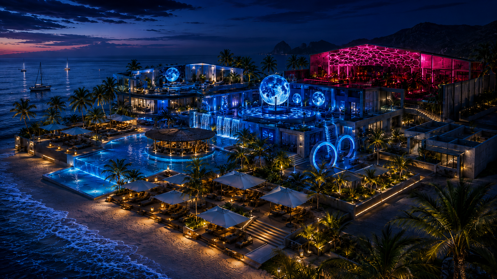 Second aerial reference of the resort with moon spheres, waterfalls and neon rings