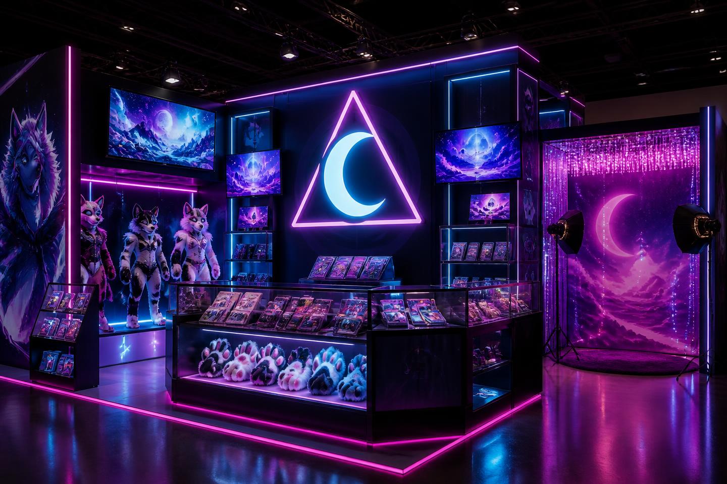 Concept art of a full convention booth with screens, display cases, fursuits and photo area