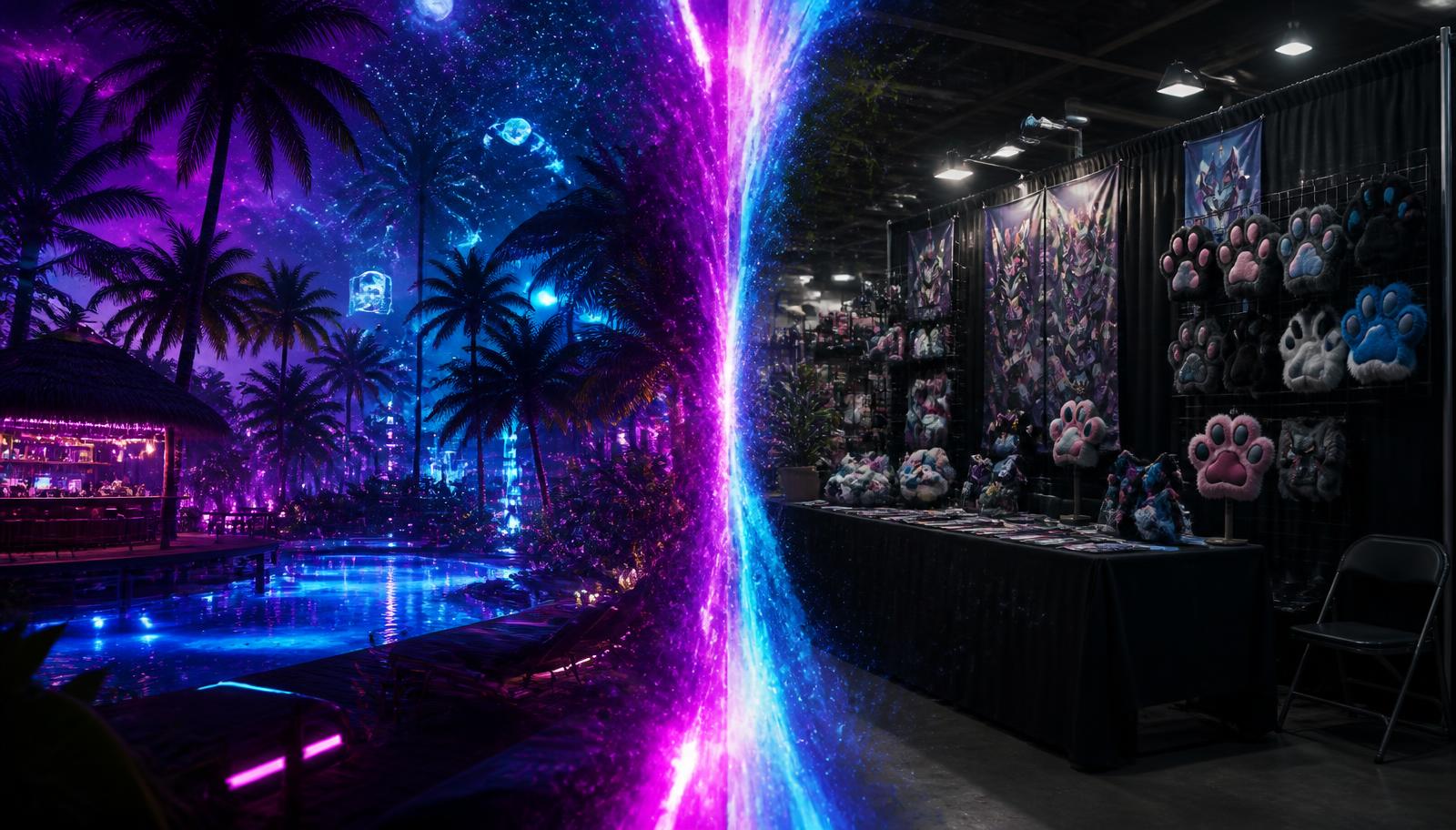 Concept art connecting the virtual resort and a real convention booth through a light portal