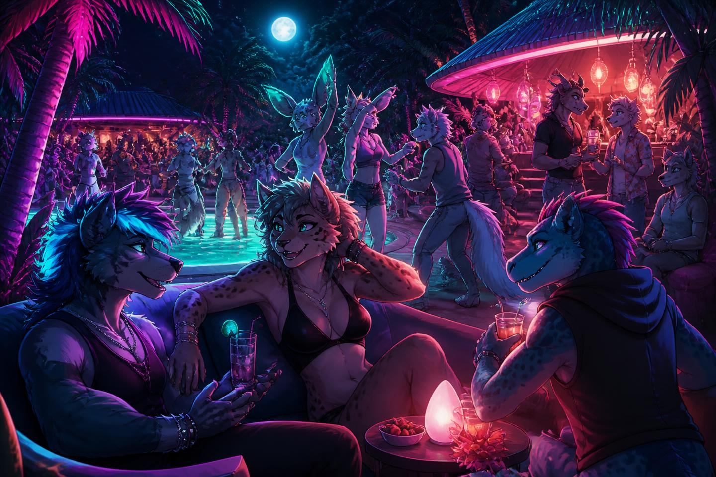 Concept scene with original background characters socialising at the pool lounge
