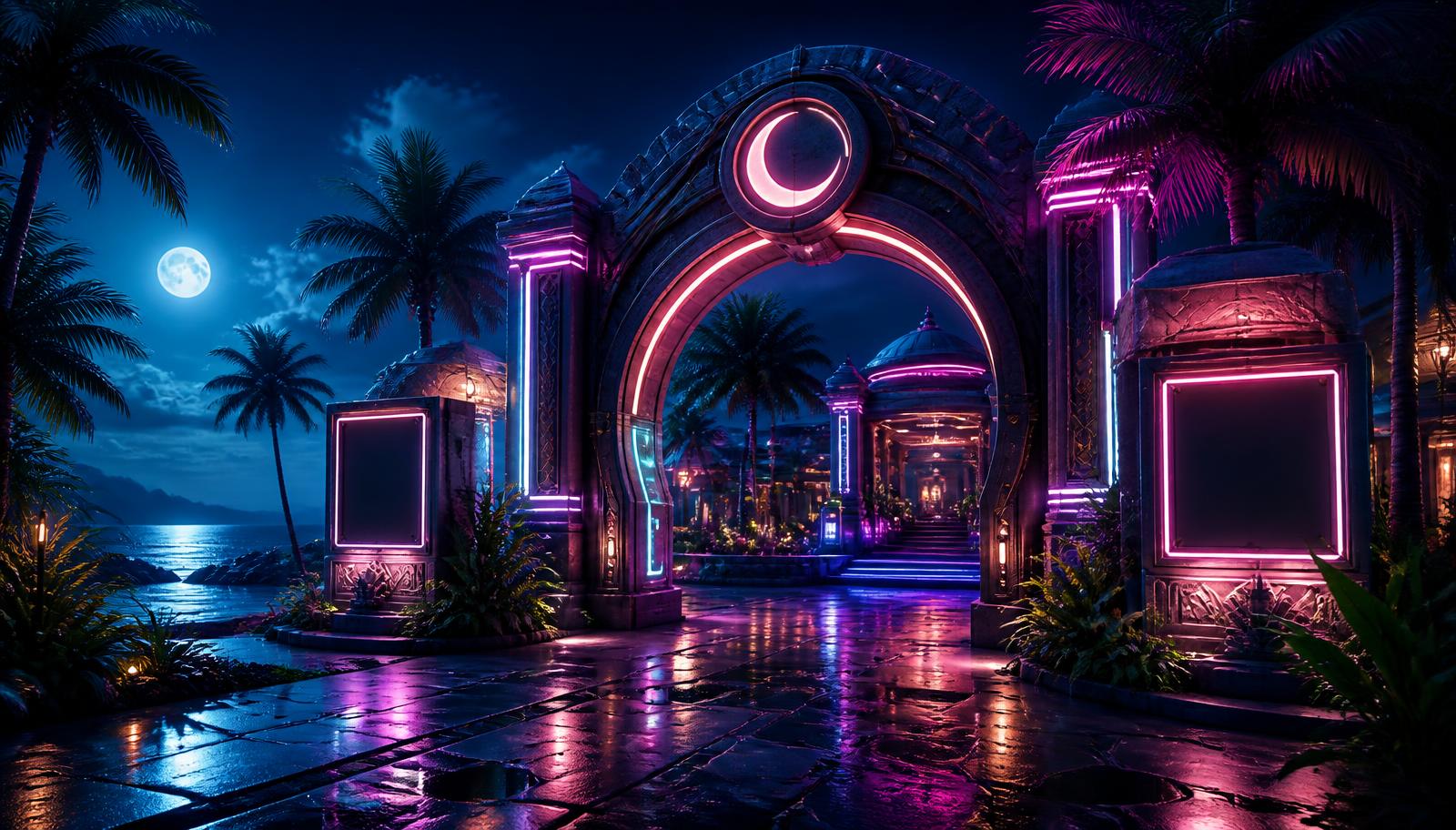 Concept art of the resort main entrance: glowing arch with crescent emblem and empty sign frames
