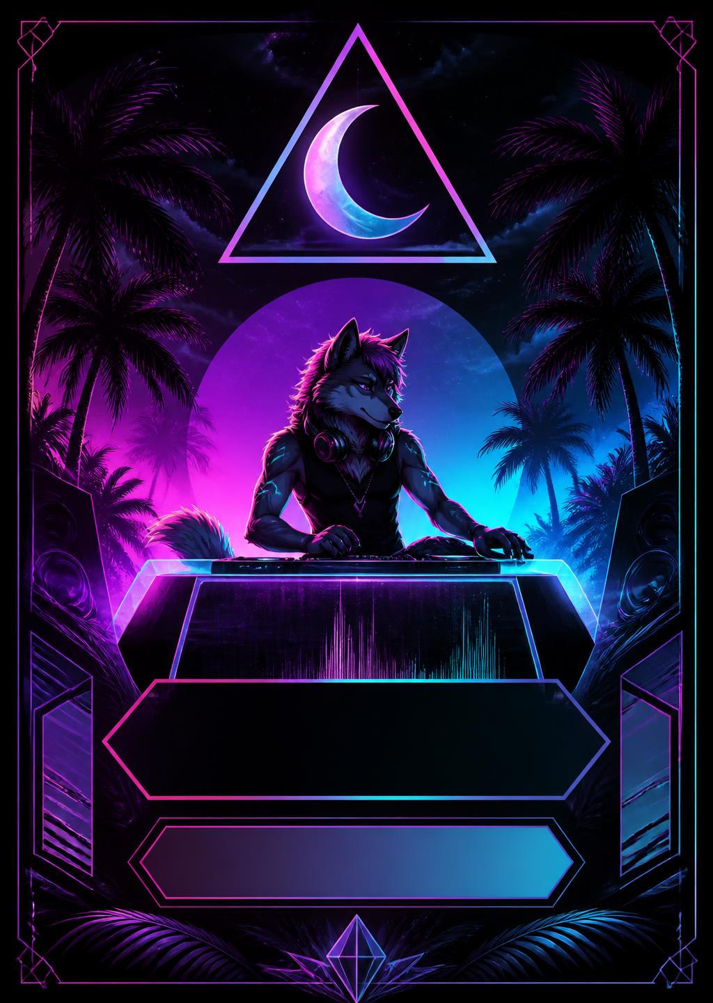 Concept event poster layout with DJ, palms and crescent emblem, text areas left blank