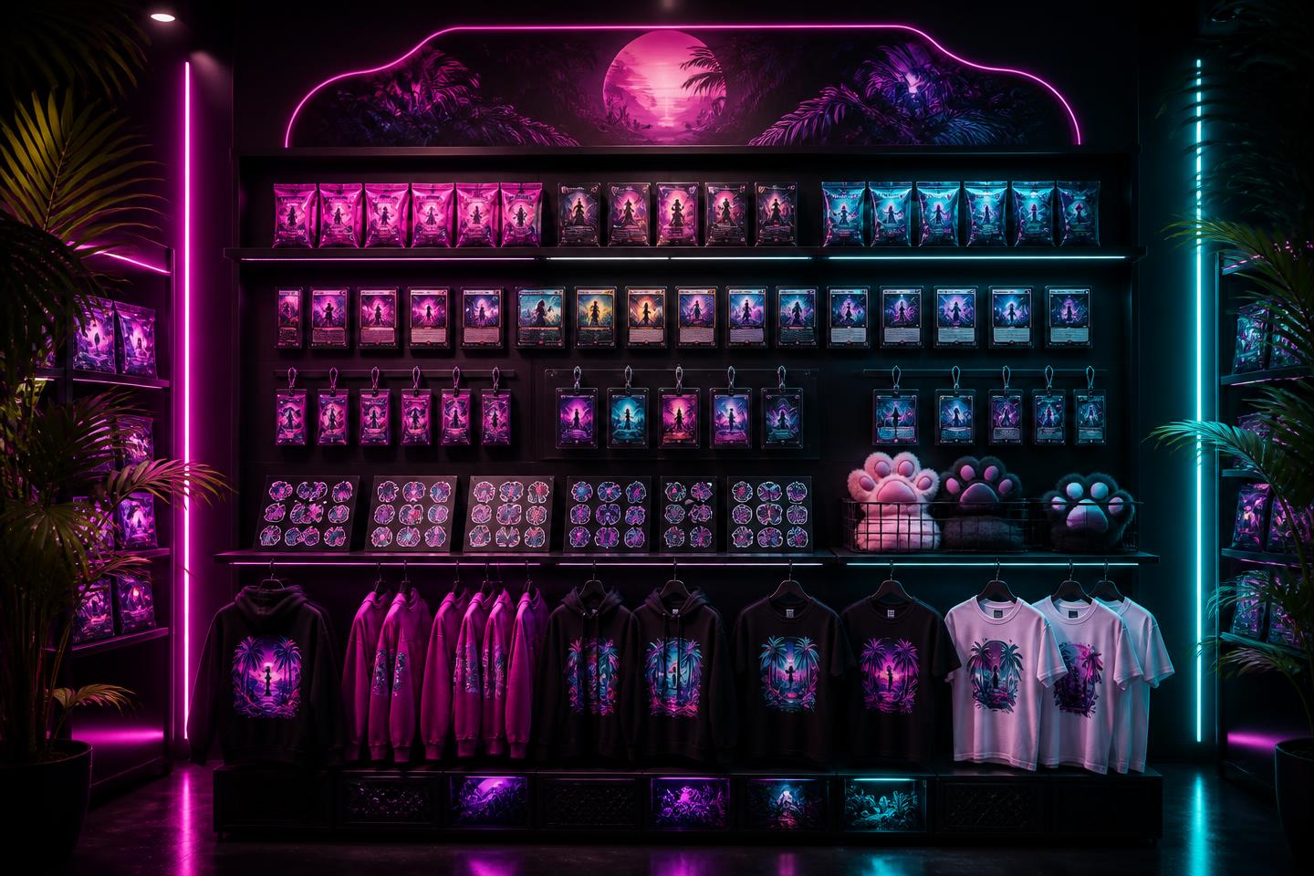 Concept art of a merch display wall with boosters, cards, plush paws and apparel