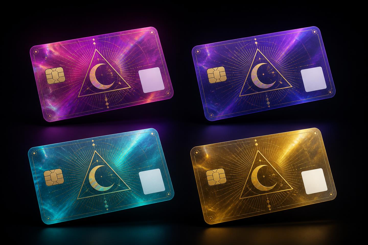 Four PVC access card variants in magenta, violet, cyan and gold with QR placeholder