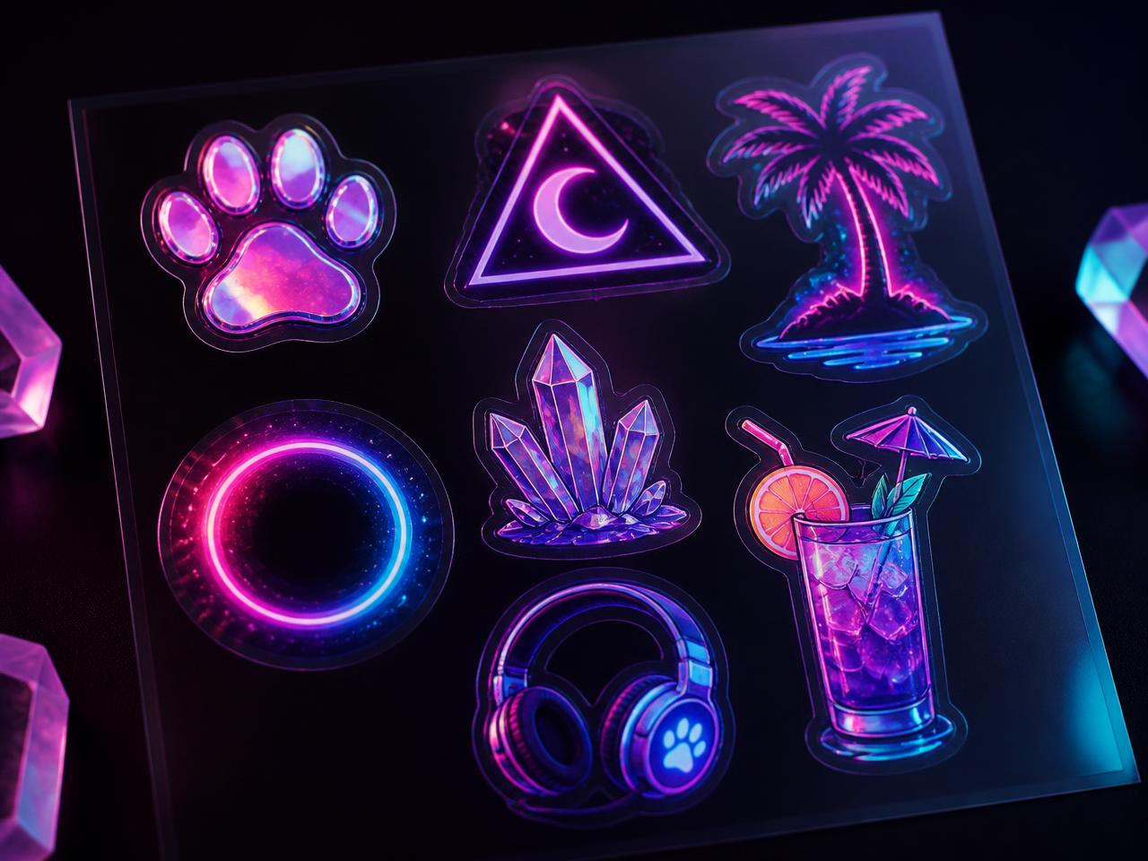 Concept sticker sheet with paw, moon, palm, crystal and headphone symbols