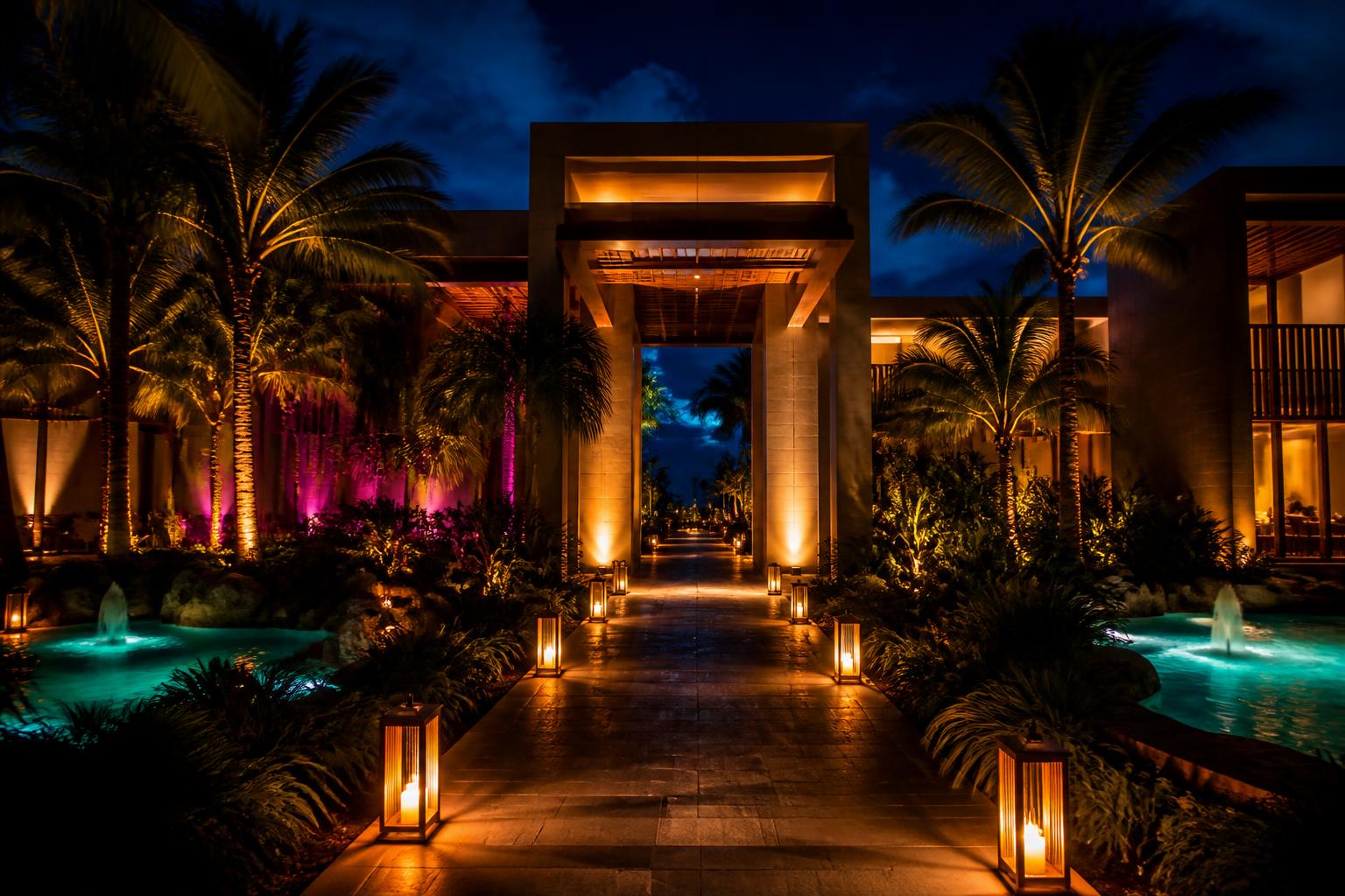 Concept art of the Umbralis resort at night