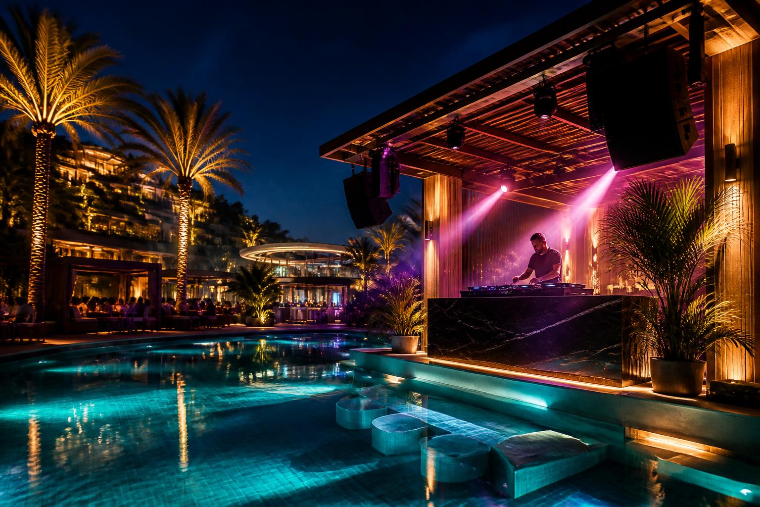Concept art of the nightclub with DJ booth and neon lighting